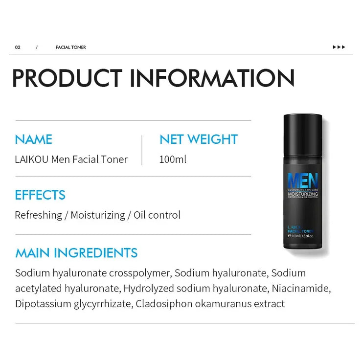 LAIKOU Men Moisturizer Toner Hydrating Improving Dry Oil Control Face Care Refreshing Rejuvenate Korean Skin Care Product 100ml